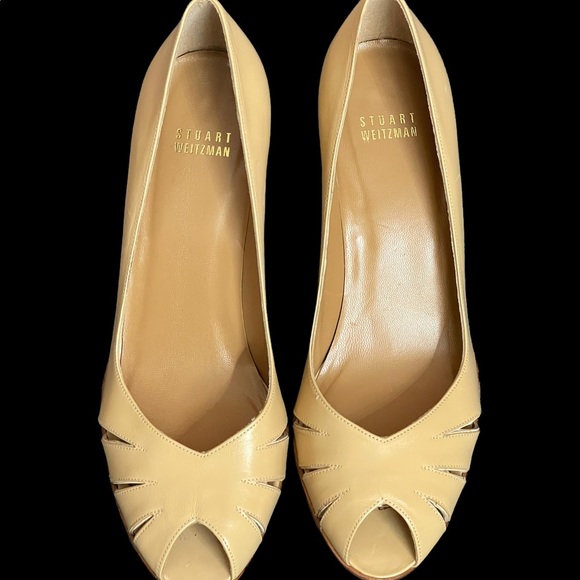 Stuart Weitzman Leather Heels Cut Out Vamp Almond Peep Toe Pump Tan 8.5M - Picture 2 of 10